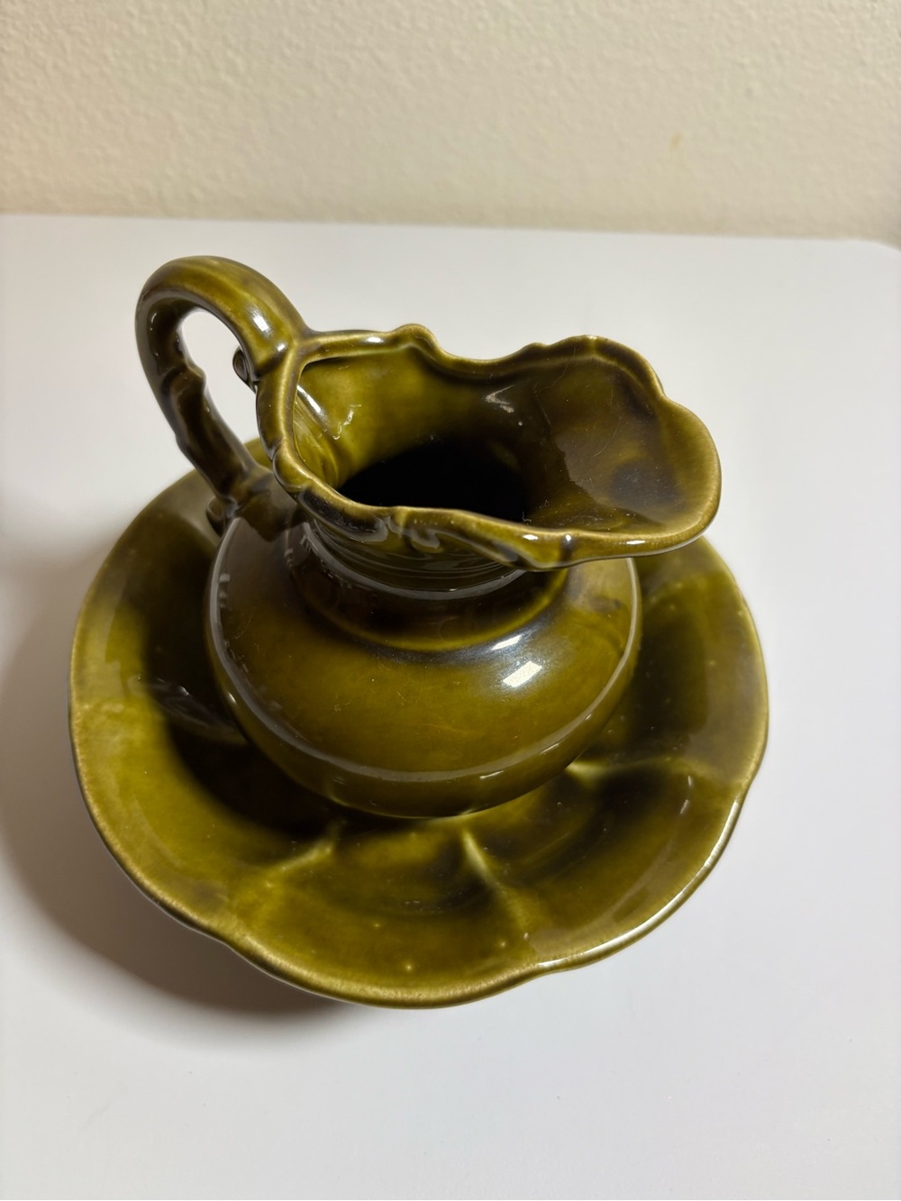 Olive Green Ceramic Pitcher and Saucer - Unbranded